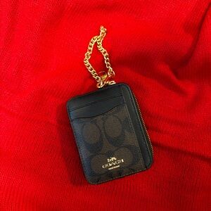Coach Black and Brown Card Holder with Gold Chain Accent